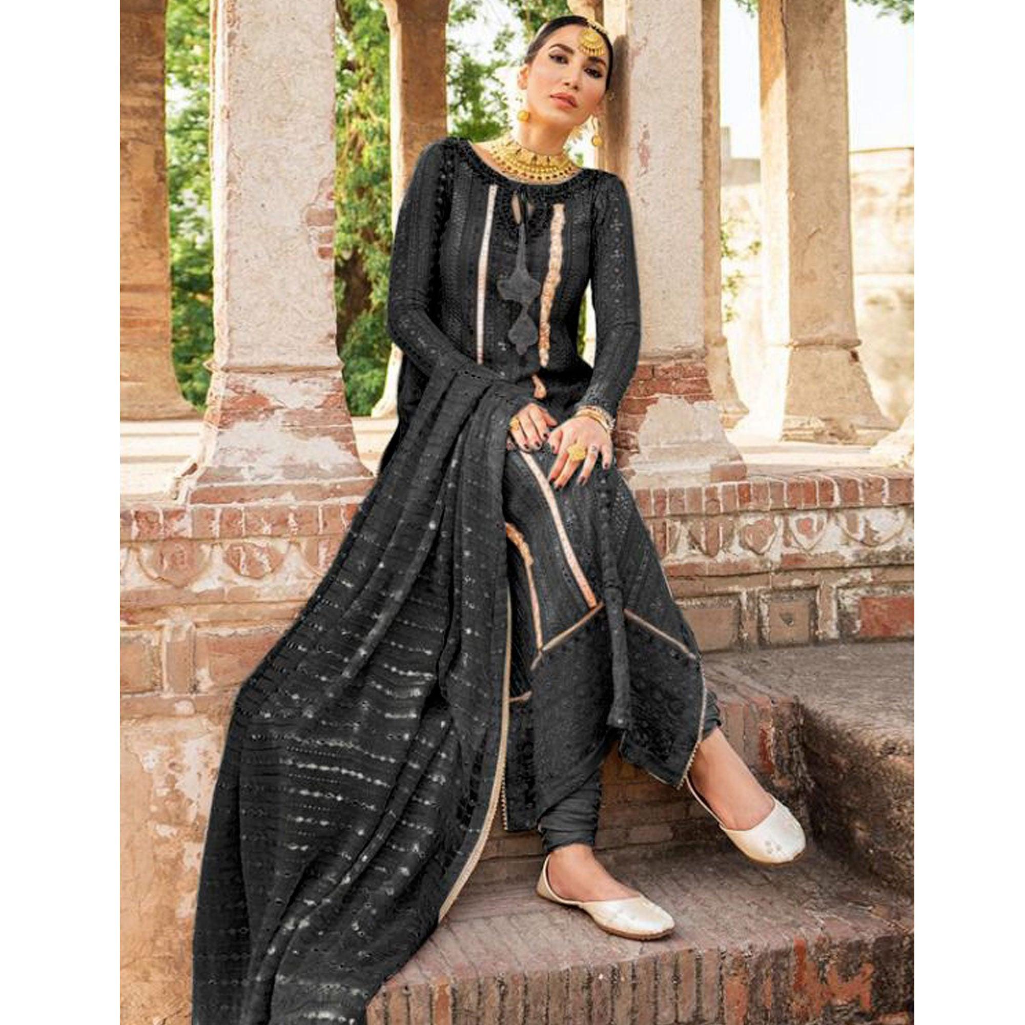 Black Partywear Embellished & Embroidered Georgette Anarkali Suit - Peachmode