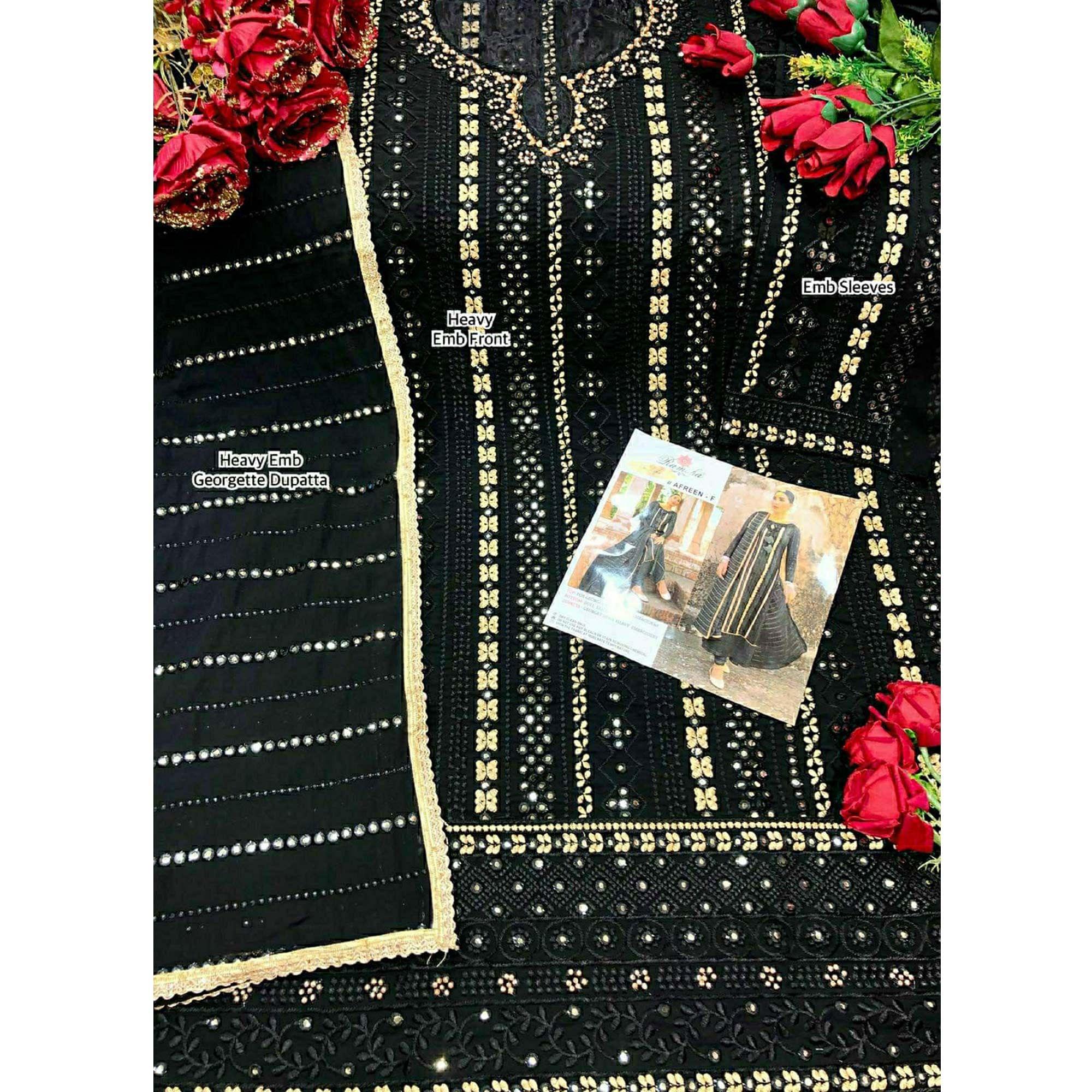 Black Partywear Embellished & Embroidered Georgette Anarkali Suit - Peachmode