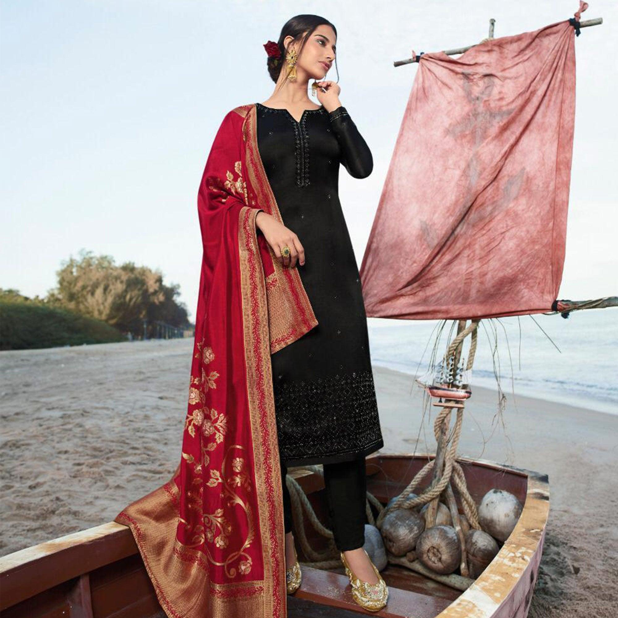 Black Partywear Embellished Georgette Suit - Peachmode