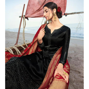 Black Partywear Embellished Georgette Suit - Peachmode