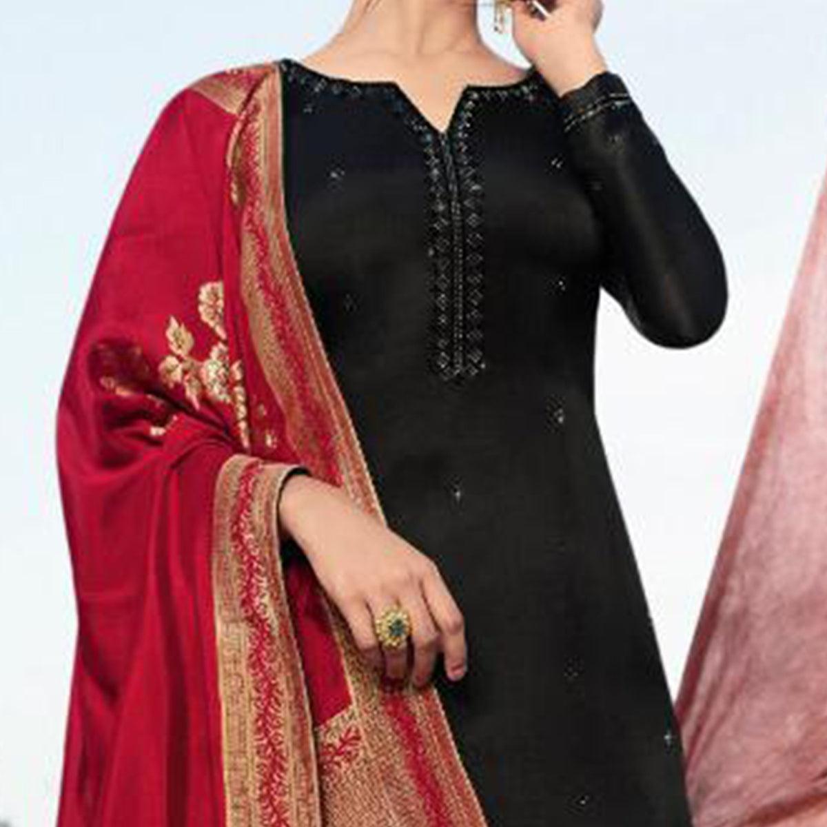 Black Partywear Embellished Georgette Suit - Peachmode