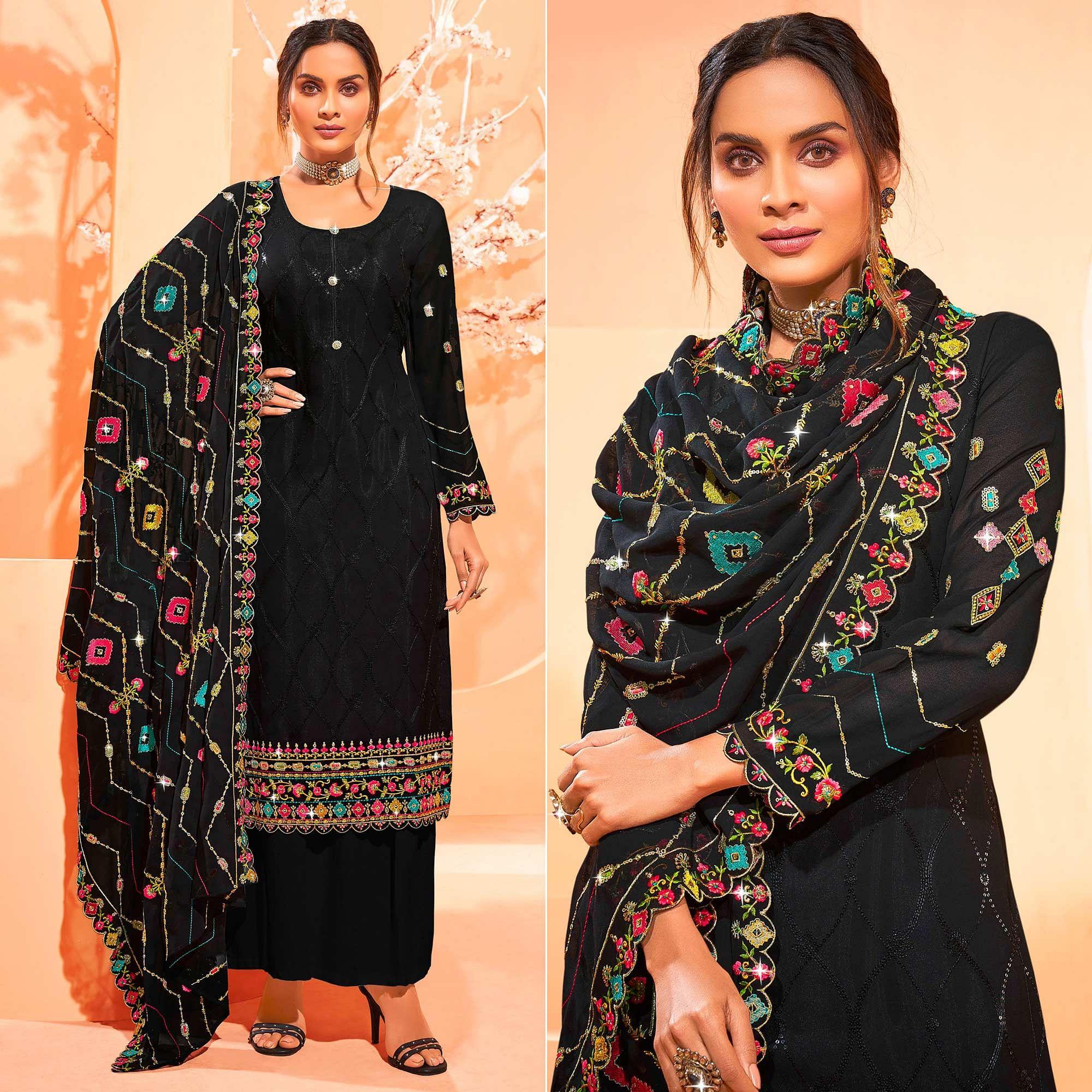 Black Partywear Embellished With Embroidered Georgette Palazzo Suit - Peachmode
