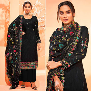 Black Partywear Embellished With Embroidered Georgette Palazzo Suit - Peachmode