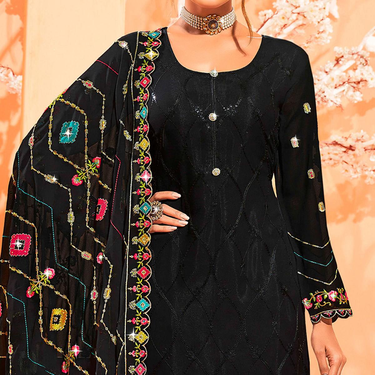 Black Partywear Embellished With Embroidered Georgette Palazzo Suit - Peachmode