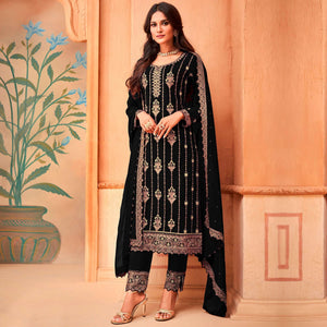 Black Partywear Embroidered & Sequence Work Faux Georgette Salwar Suit - Peachmode