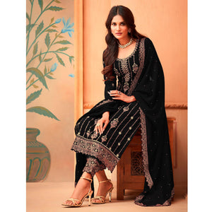 Black Partywear Embroidered & Sequence Work Faux Georgette Salwar Suit - Peachmode