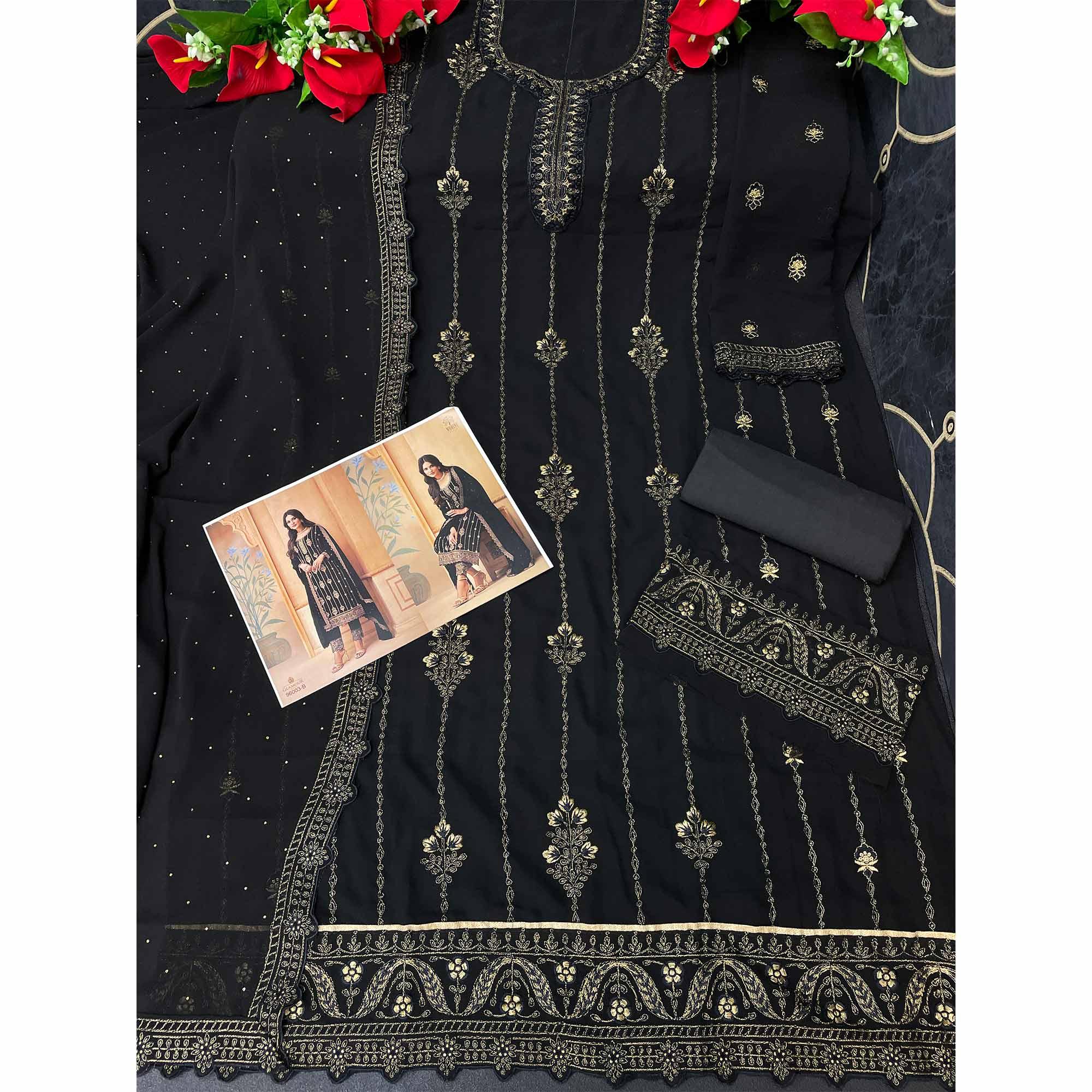 Black Partywear Embroidered & Sequence Work Faux Georgette Salwar Suit - Peachmode