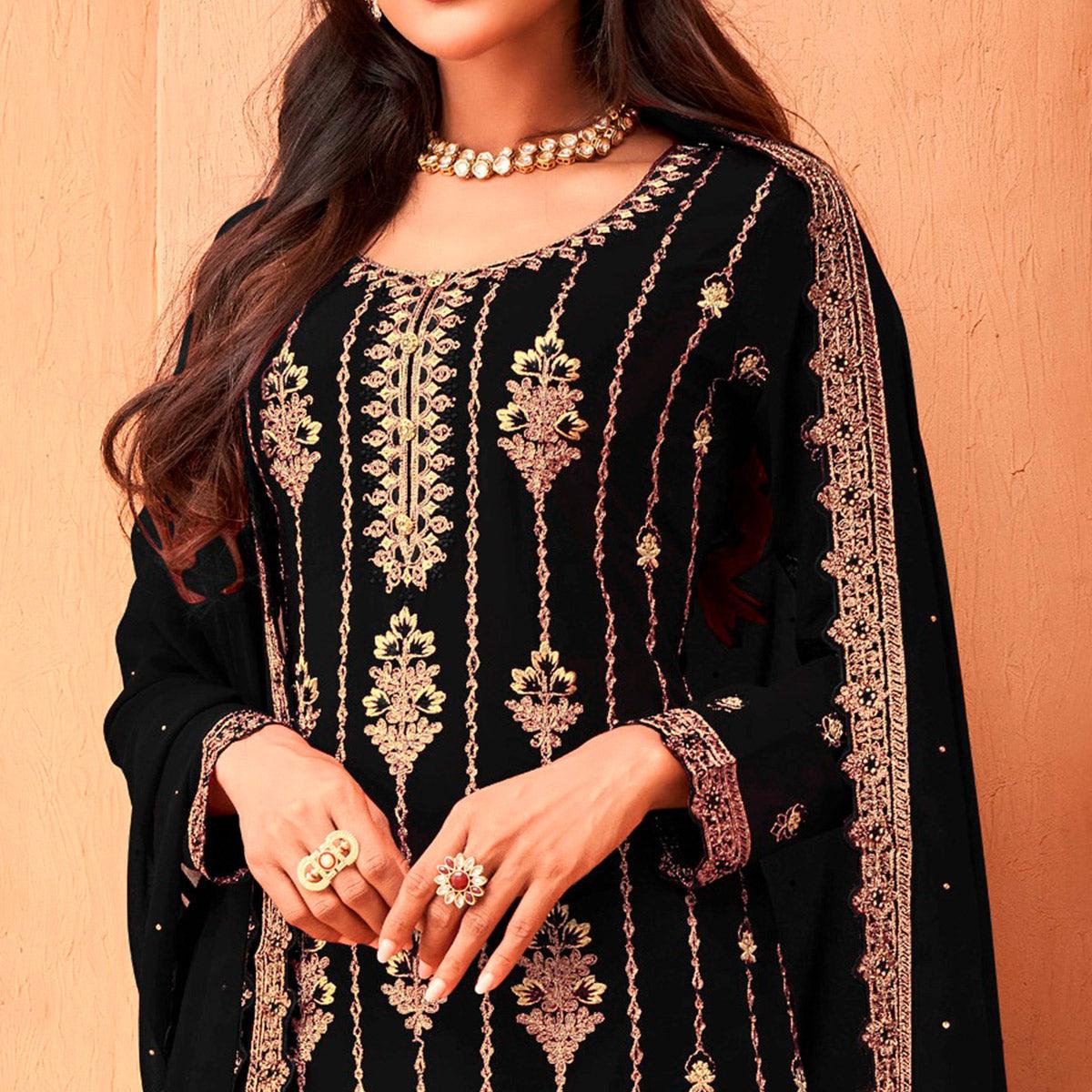 Black Partywear Embroidered & Sequence Work Faux Georgette Salwar Suit - Peachmode