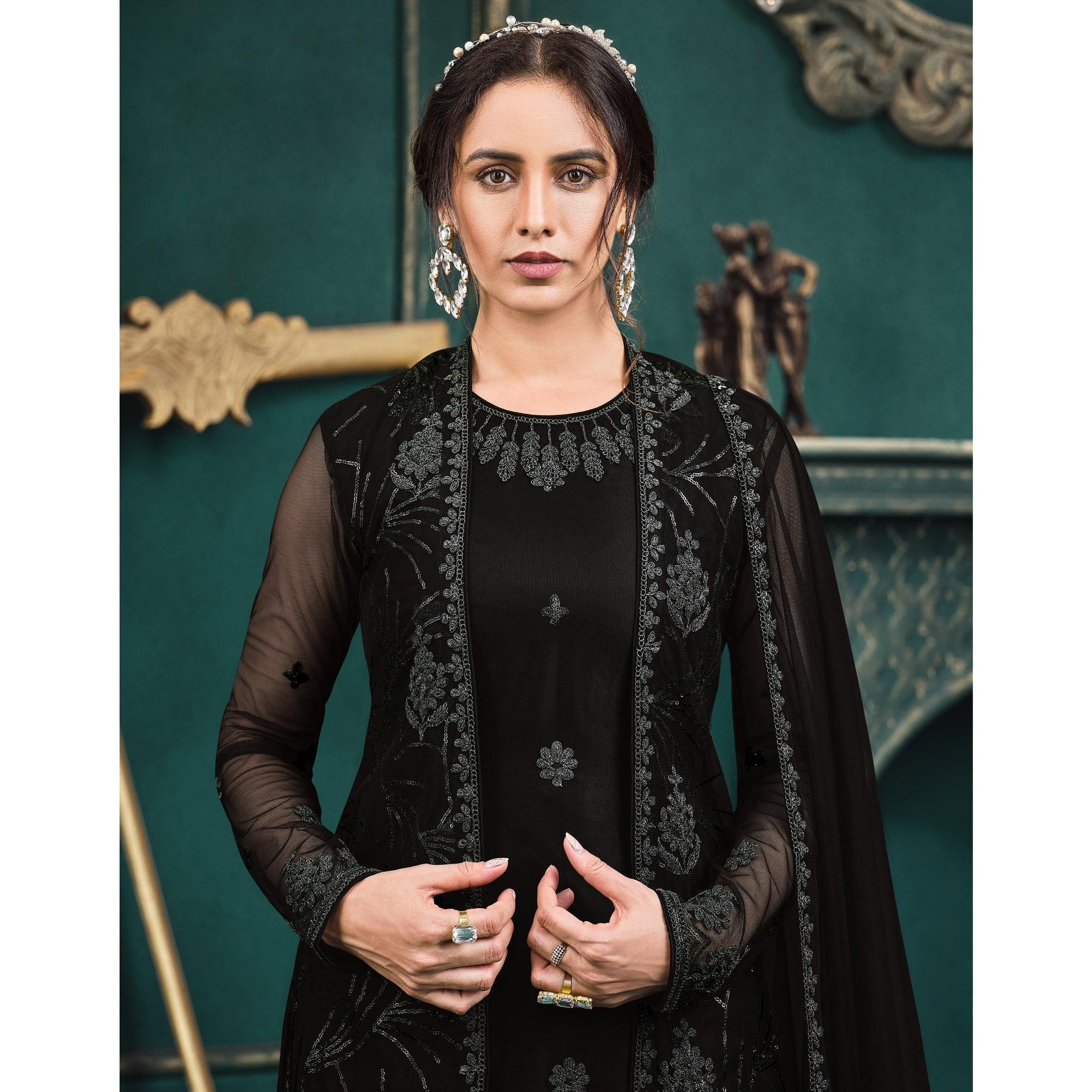 Black Partywear Embroidered Butterfly Net Kurti Palazzo Suit - Peachmode