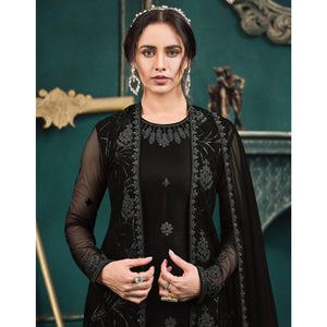 Black Partywear Embroidered Butterfly Net Kurti Palazzo Suit - Peachmode