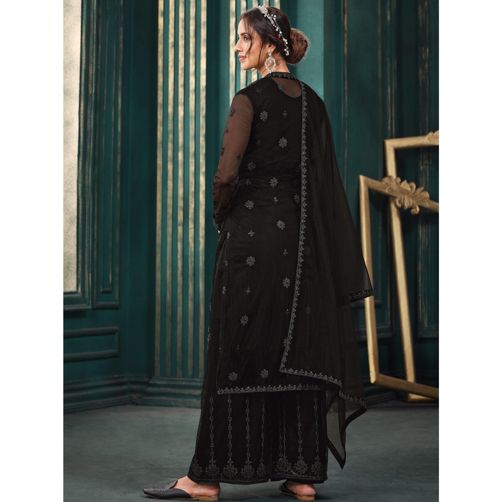 Black Partywear Embroidered Butterfly Net Kurti Palazzo Suit - Peachmode