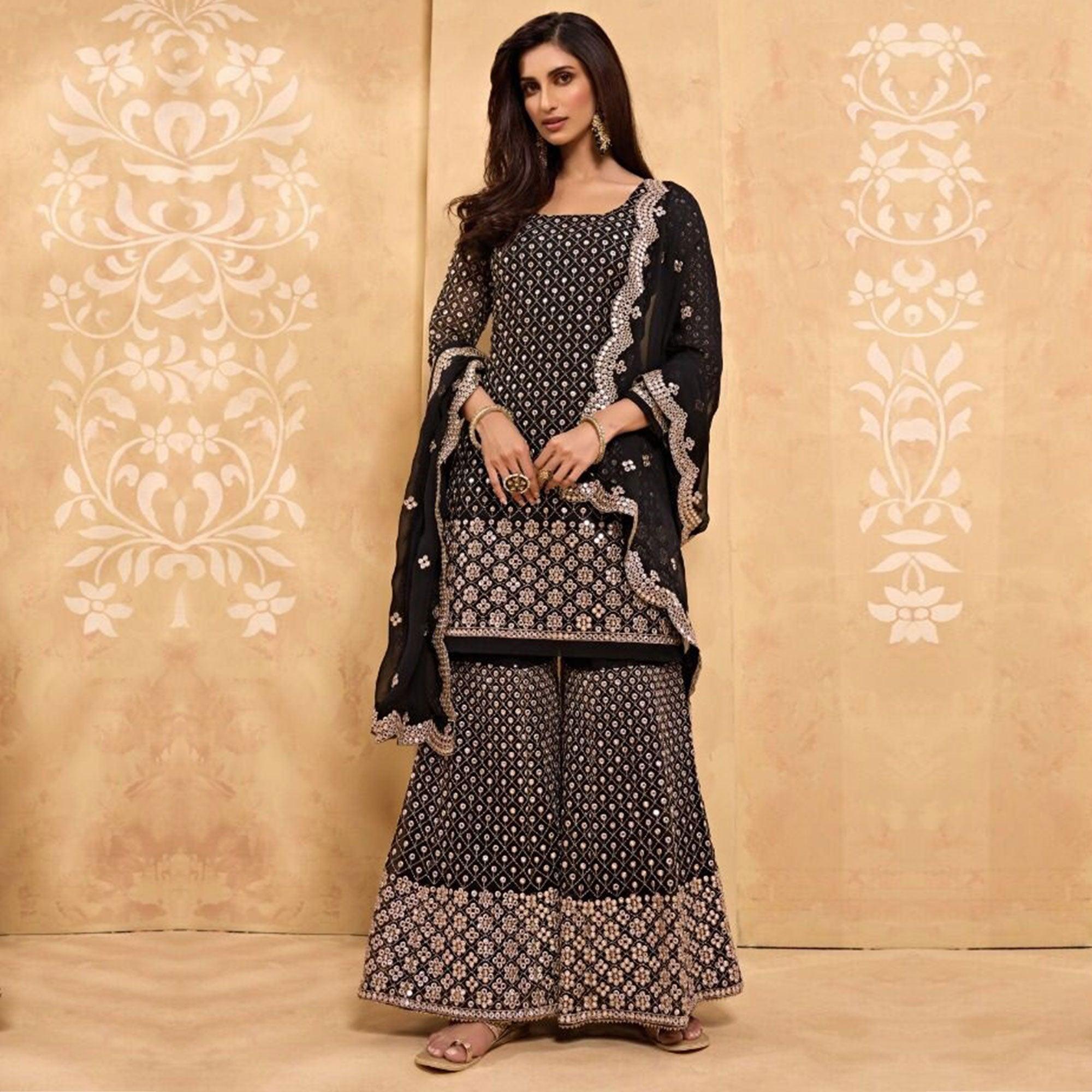 Black Partywear Embroidered Faux Georgette Palazzo Suit - Peachmode
