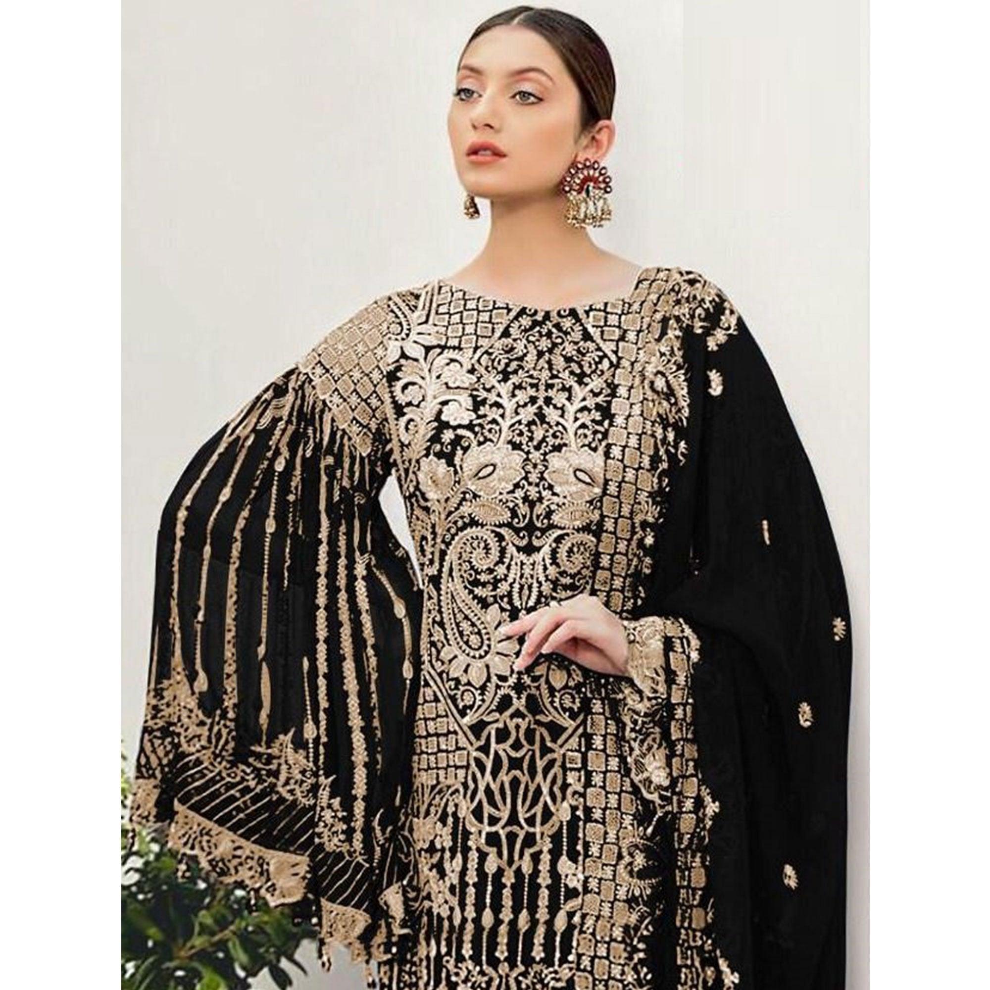 Black Partywear Embroidered Georgette Pakistani Suit - Peachmode