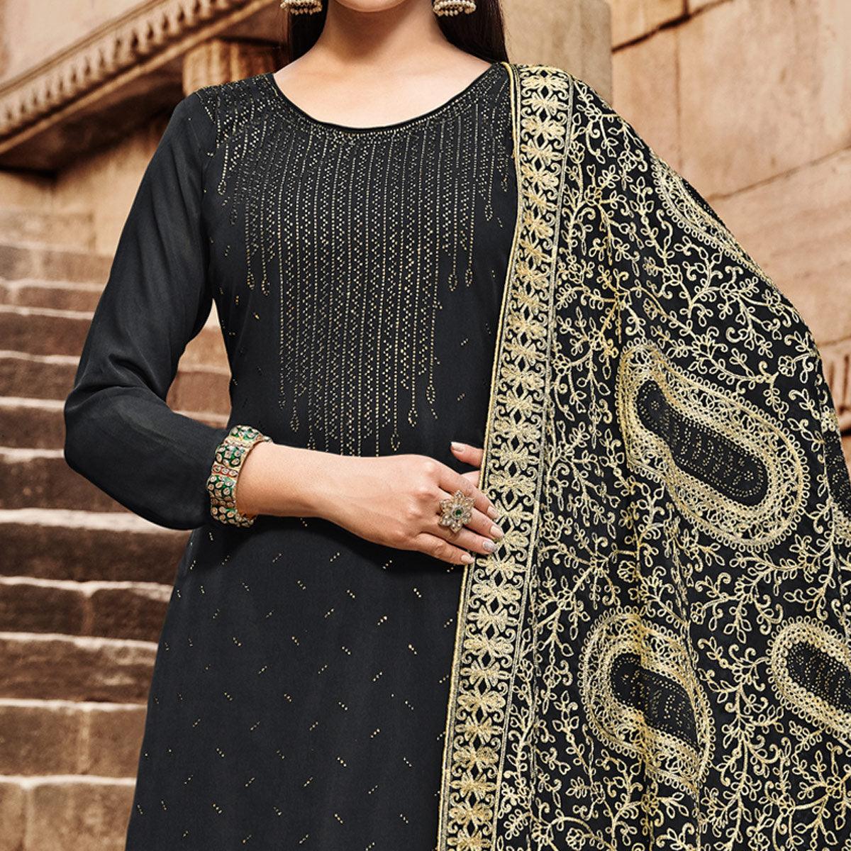 Black Partywear Embroidered Georgette Palazzo Suit - Peachmode