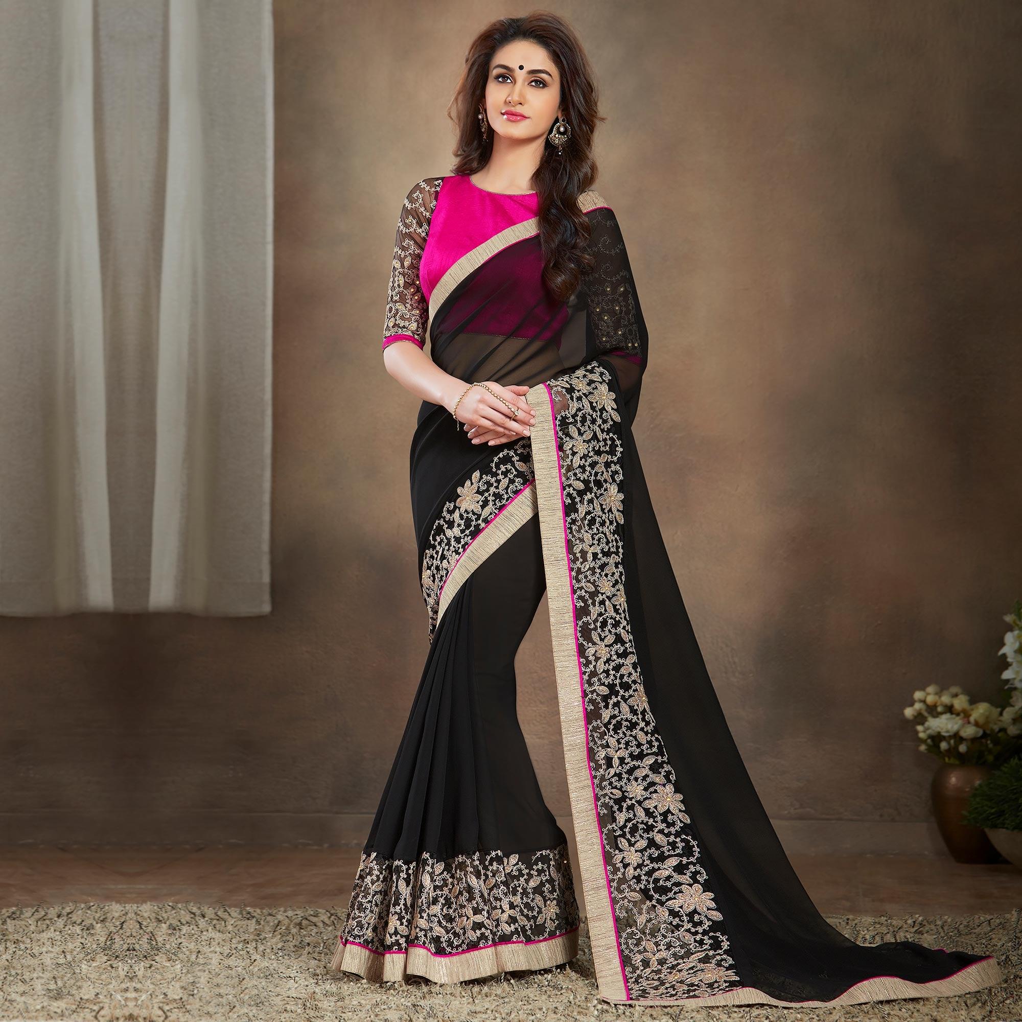 Black Partywear Embroidered Georgette Saree - Peachmode