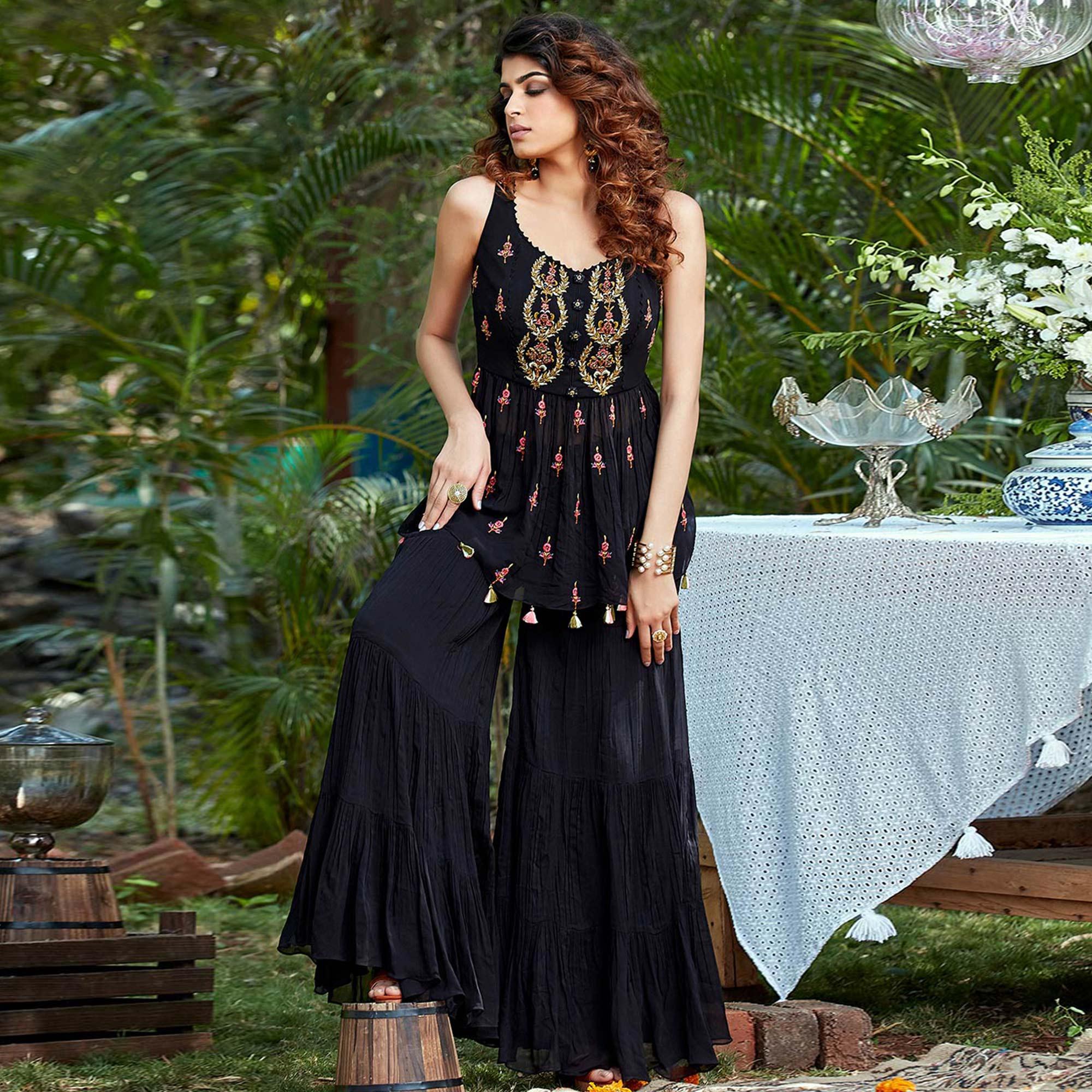 Black Partywear Embroidered Georgette Sharara Suit - Peachmode