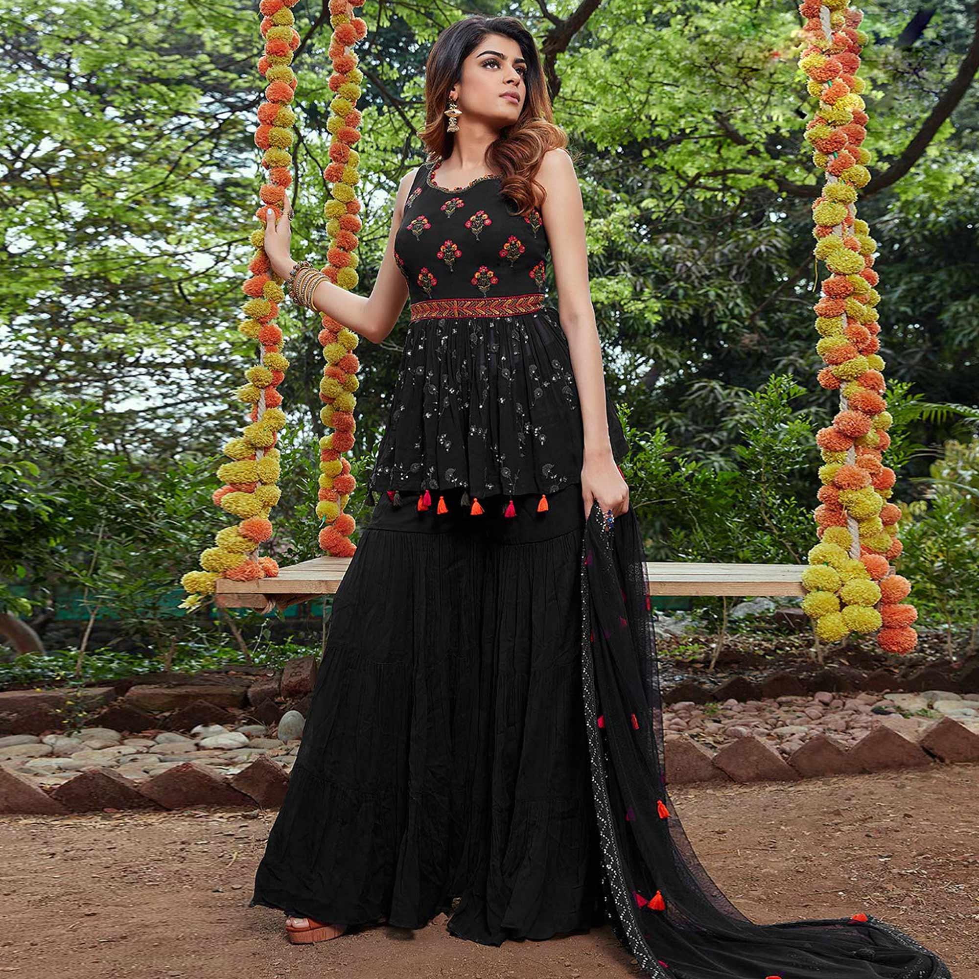 Black Partywear Embroidered Georgette Sharara Suit - Peachmode