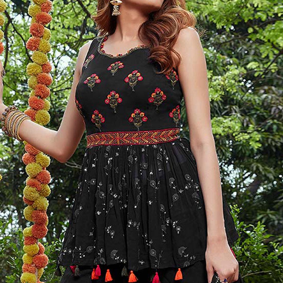 Black Partywear Embroidered Georgette Sharara Suit - Peachmode