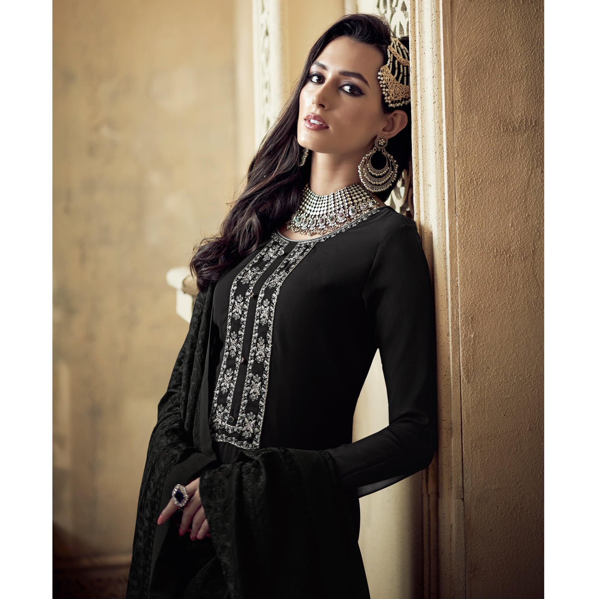Black Partywear Embroidered Heavy Georgette Palazzo Suit - Peachmode