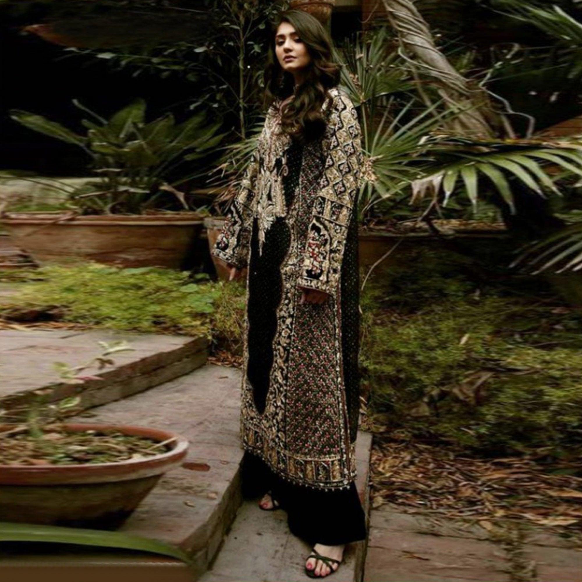 Black Partywear Embroidered Heavy Net Pakistani Suit - Peachmode