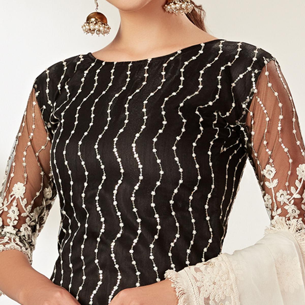 Black Partywear Embroidered Heavy Net Pakistani Suit - Peachmode