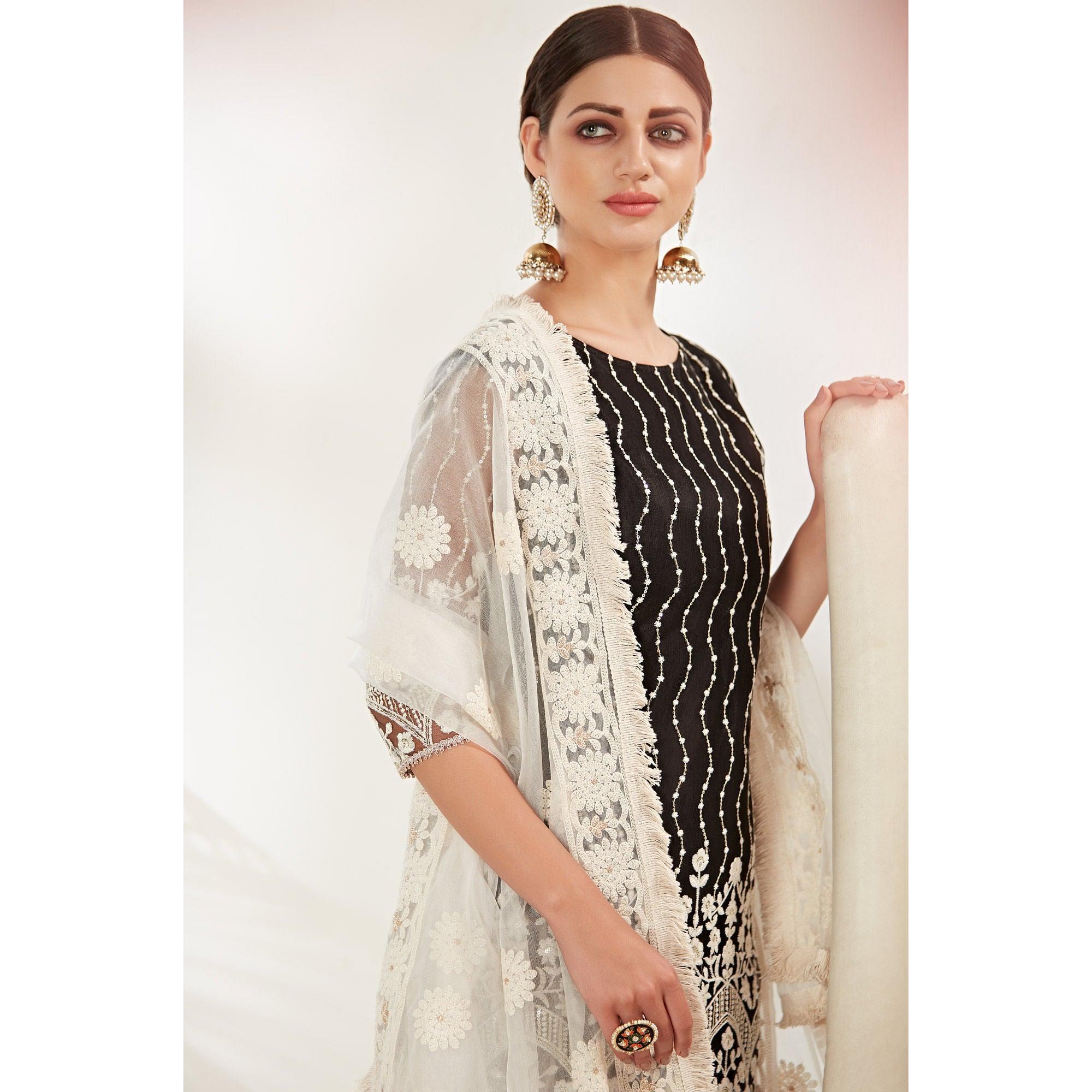 Black Partywear Embroidered Heavy Net Pakistani Suit - Peachmode