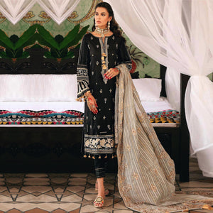 Black Partywear Embroidered Pure Jam Cotton Pakistani Suit - Peachmode