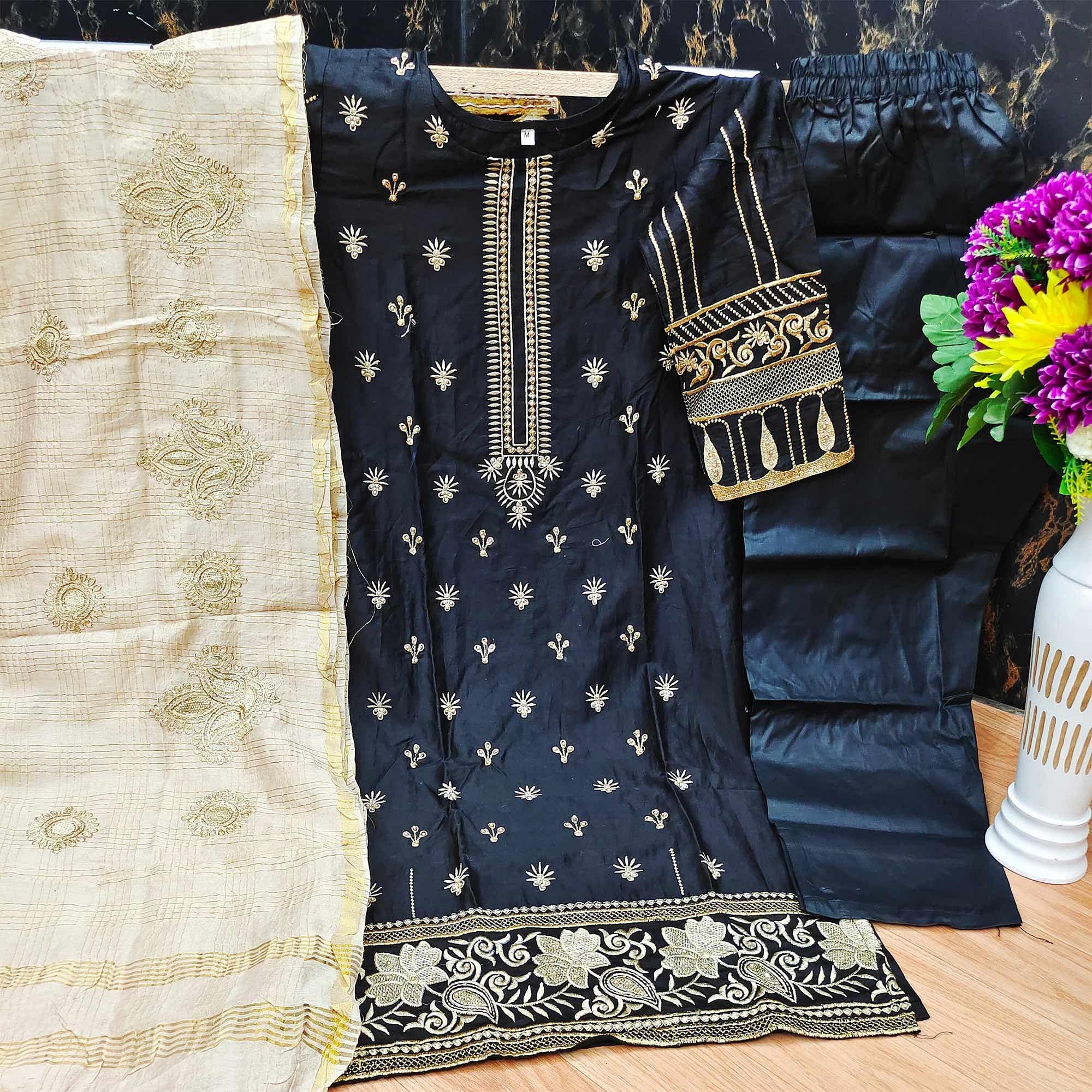 Black Partywear Embroidered Pure Jam Cotton Pakistani Suit - Peachmode