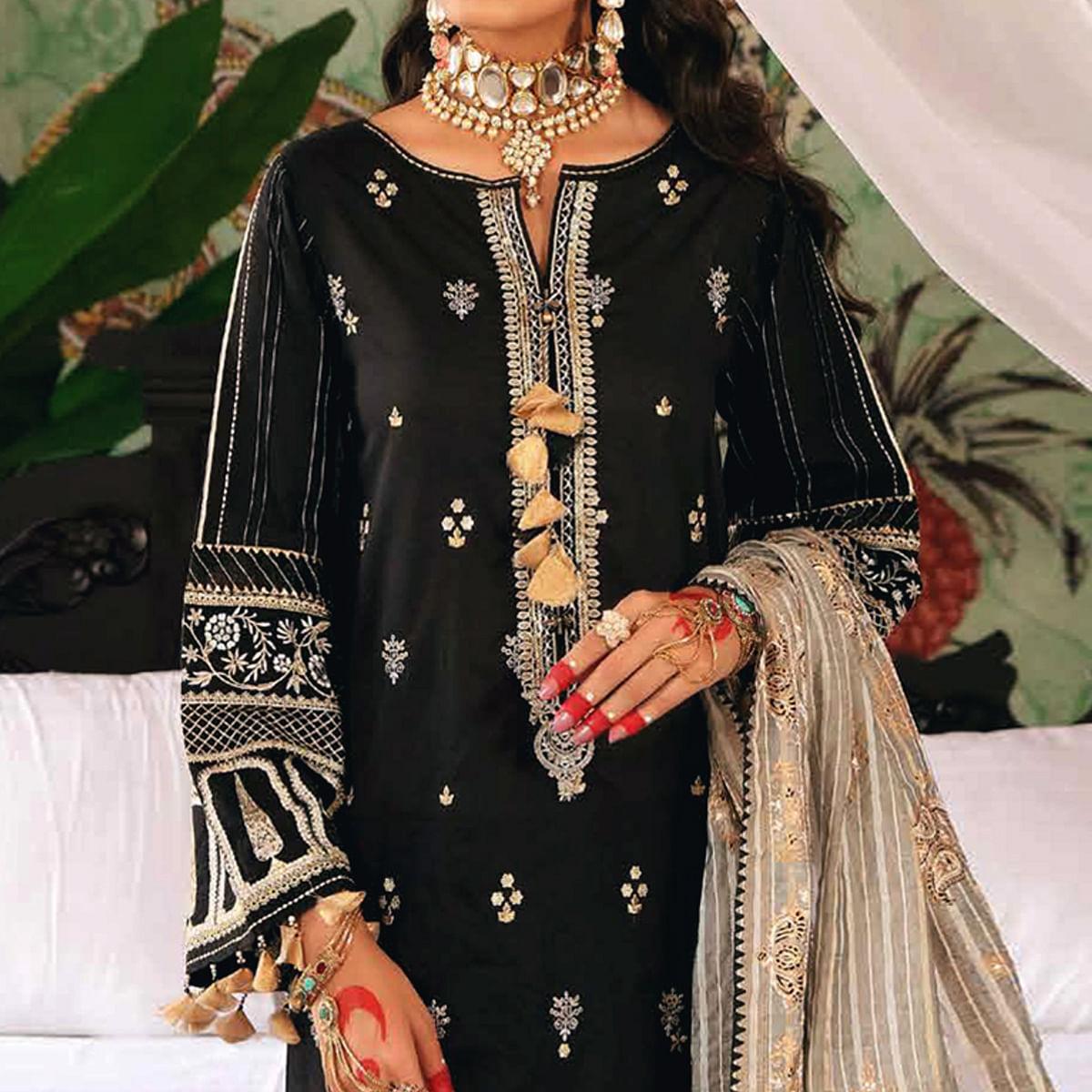 Black Partywear Embroidered Pure Jam Cotton Pakistani Suit - Peachmode