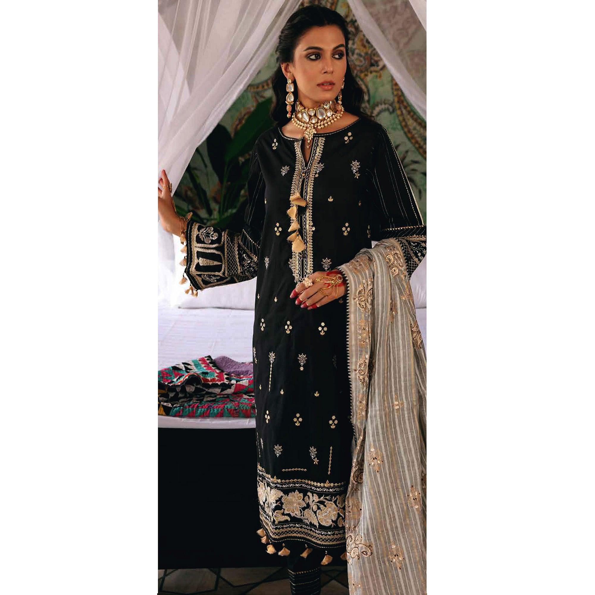 Black Partywear Embroidered Pure Jam Cotton Pakistani Suit - Peachmode