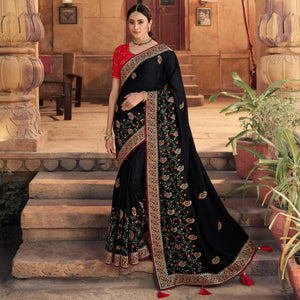 Black Partywear Embroidered Silk Saree - Peachmode