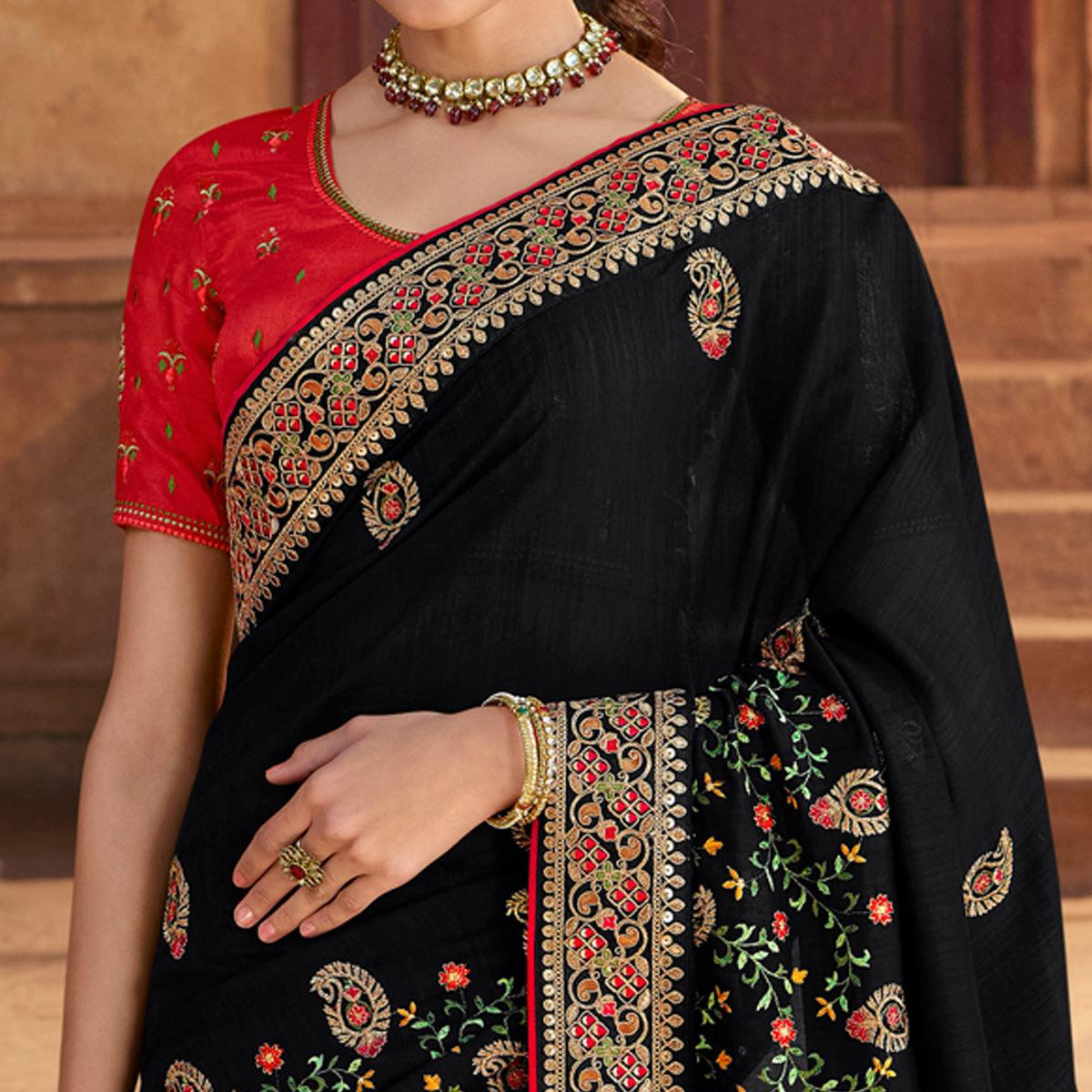 Black Partywear Embroidered Silk Saree - Peachmode