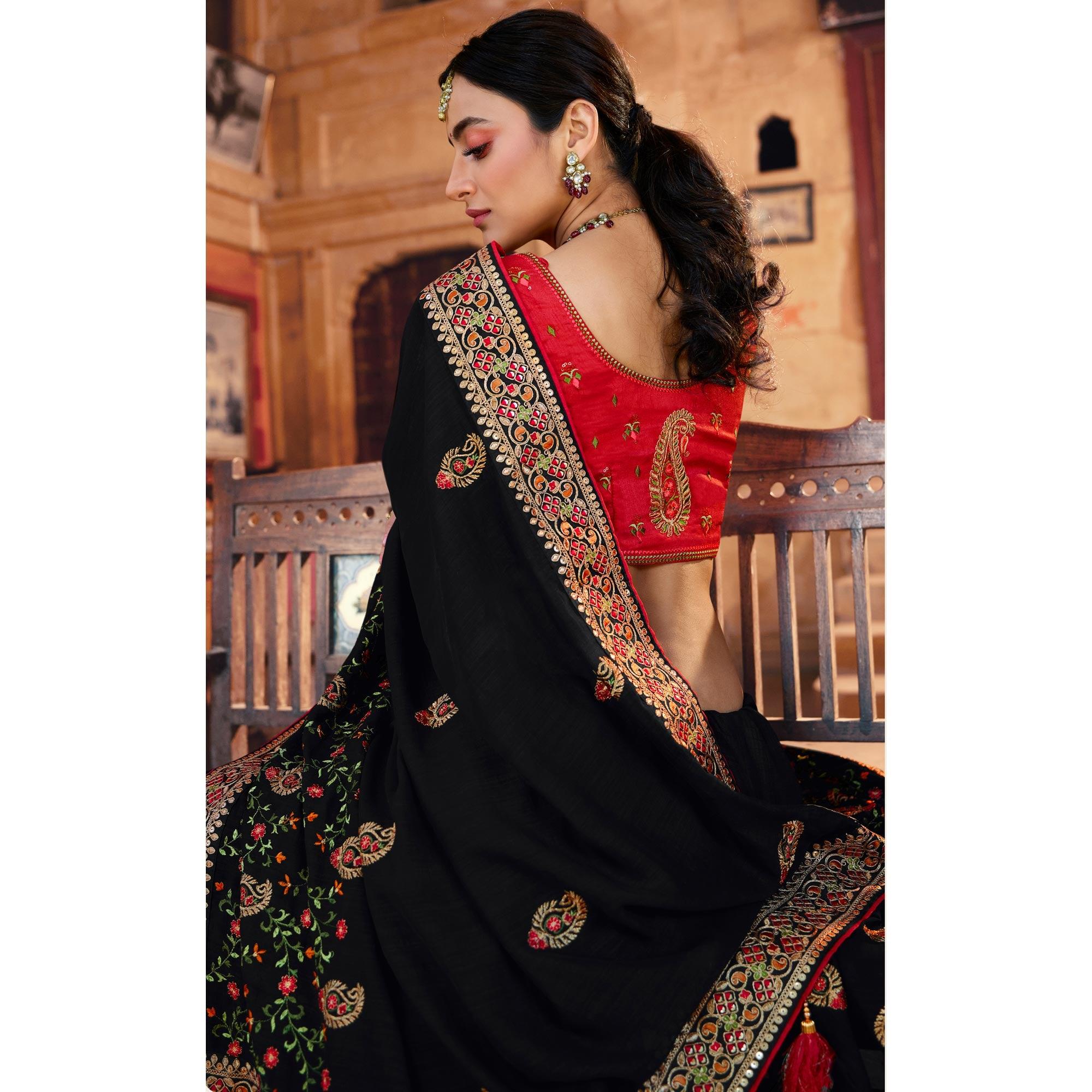 Black Partywear Embroidered Silk Saree - Peachmode