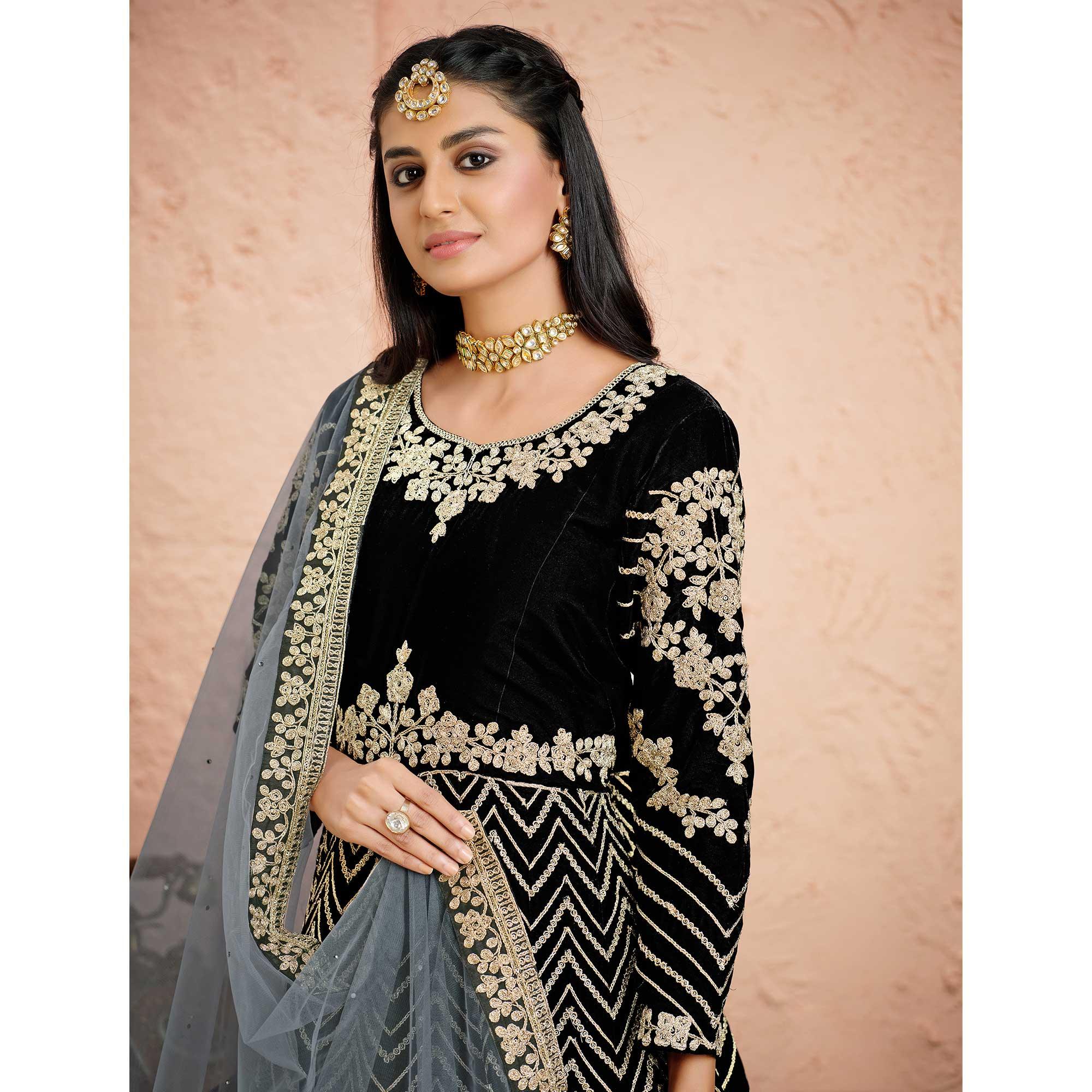 Black Partywear Embroidered Velvet Anarkali Suit - Peachmode