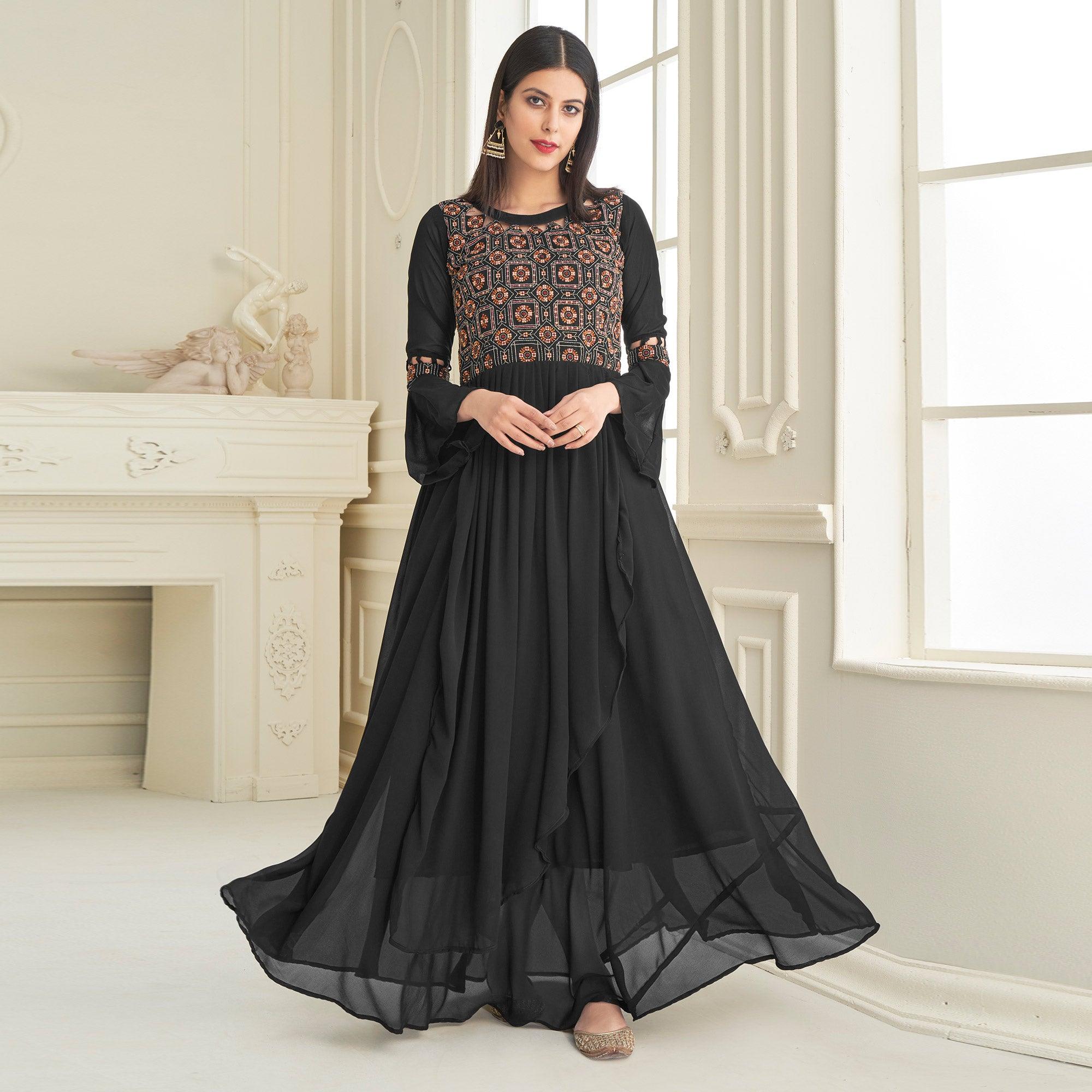 Black Partywear Embroidered with Handwork Heavy Georgette Gown - Peachmode