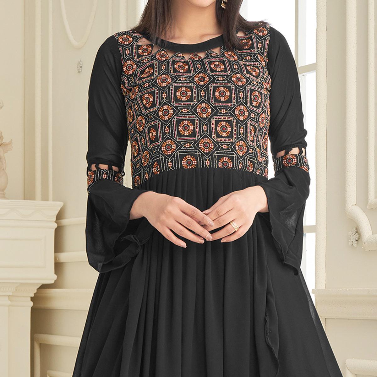 Black Partywear Embroidered with Handwork Heavy Georgette Gown - Peachmode