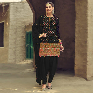 Black Partywear Embroidered with Sequence Work Heavy Faux Georgette Patiala Suit - Peachmode