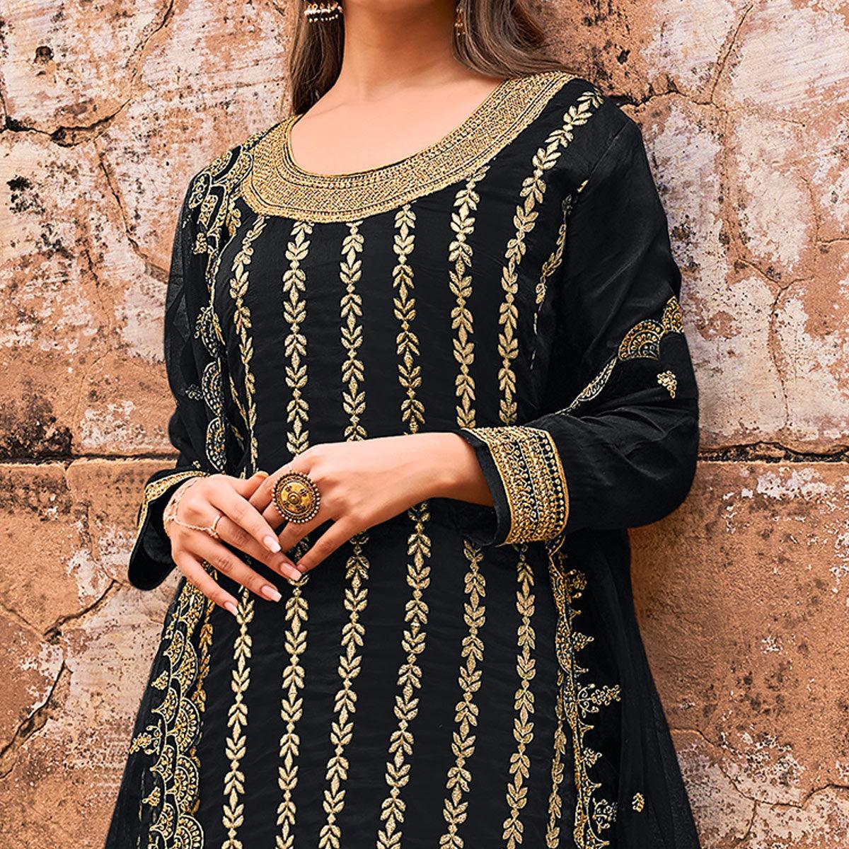 Black Partywear Embroidered With Stone Work Dola Jacquard Palazzo Suit - Peachmode