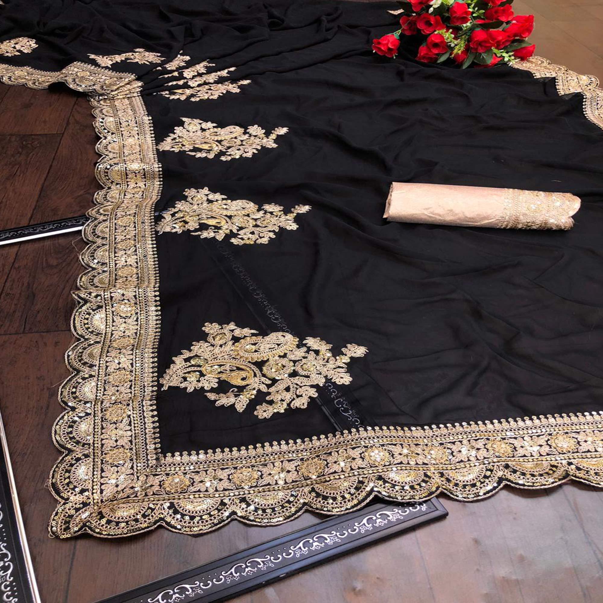 Black Partywear Embroidered Work Soft Georgette Saree - Peachmode