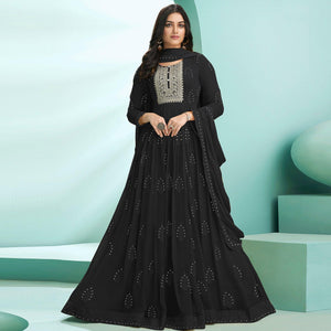 Black Partywear Embroidery With Embellished Georgette Gown - Peachmode