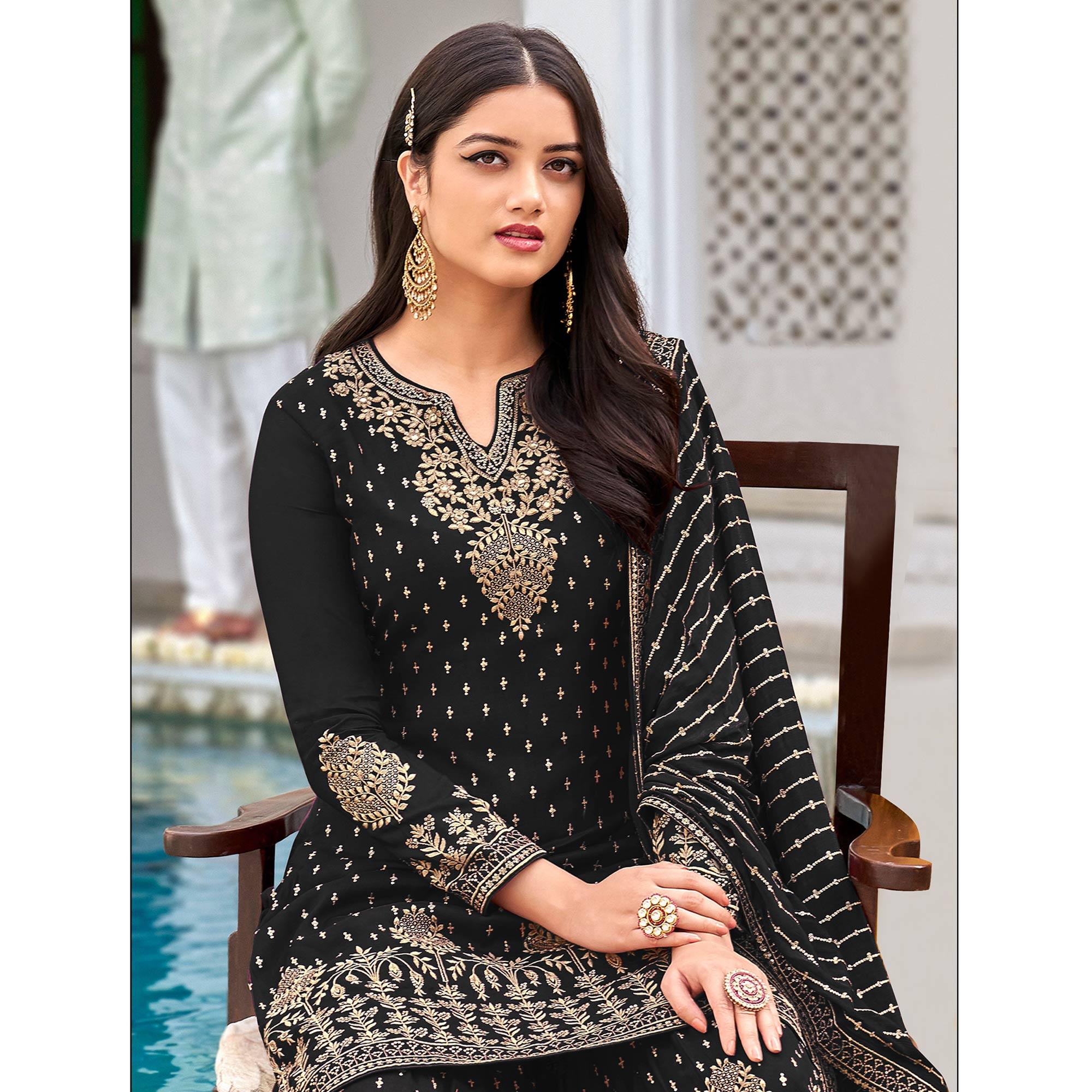 Black Partywear Embroidery With Sequence Heavy Faux Georgette Salwar Suit - Peachmode