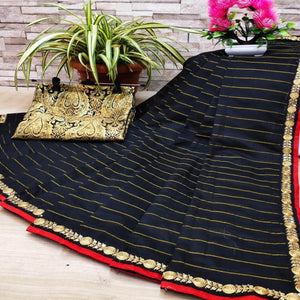 Black Partywear Fancy Embroidered Cotton Saree - Peachmode