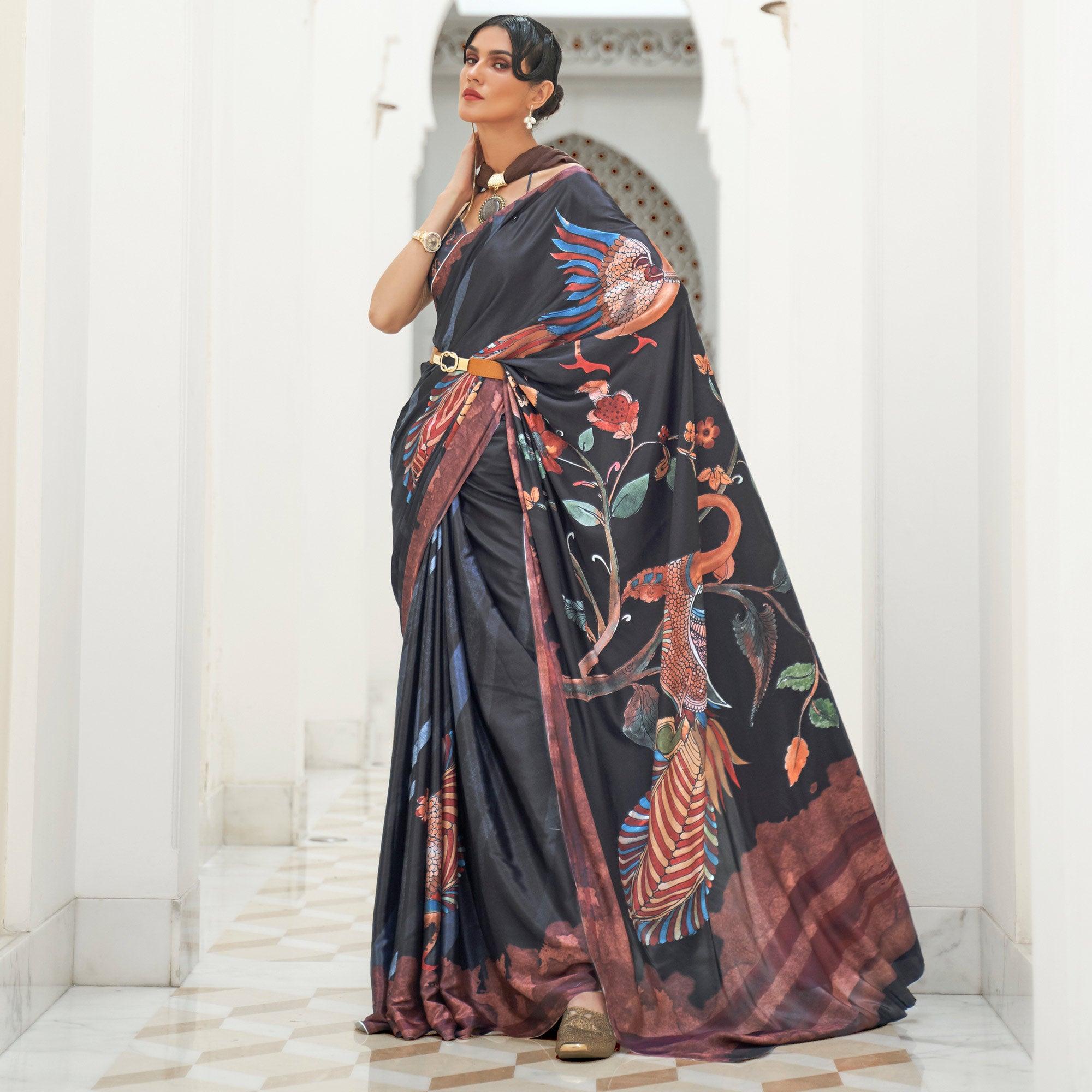 Black Partywear Floral Digital Printed Silk Saree - Peachmode