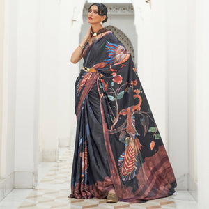 Black Partywear Floral Digital Printed Silk Saree - Peachmode
