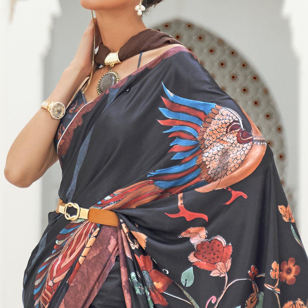 Black Partywear Floral Digital Printed Silk Saree - Peachmode
