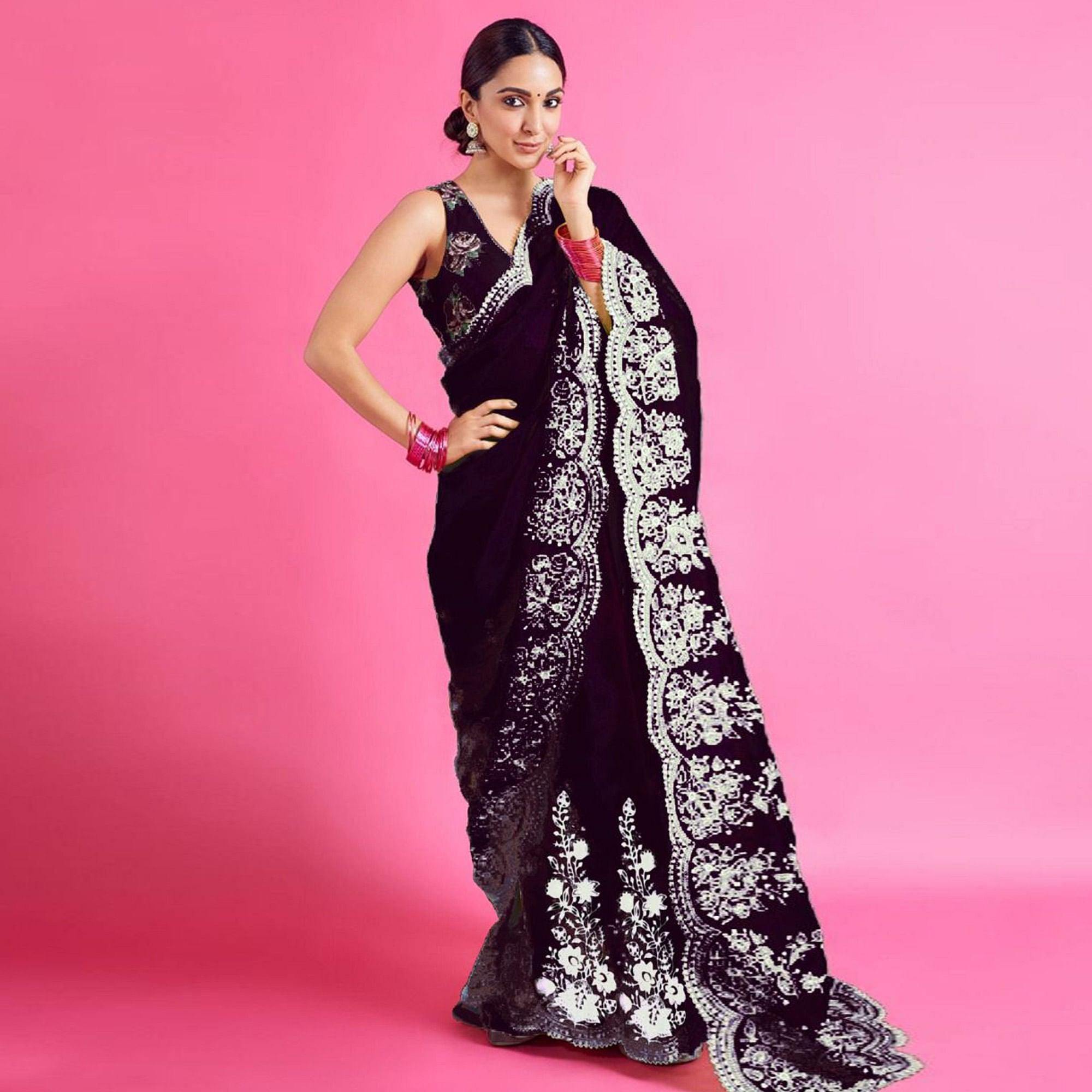Black Partywear Floral Embroidered Organza Saree - Peachmode