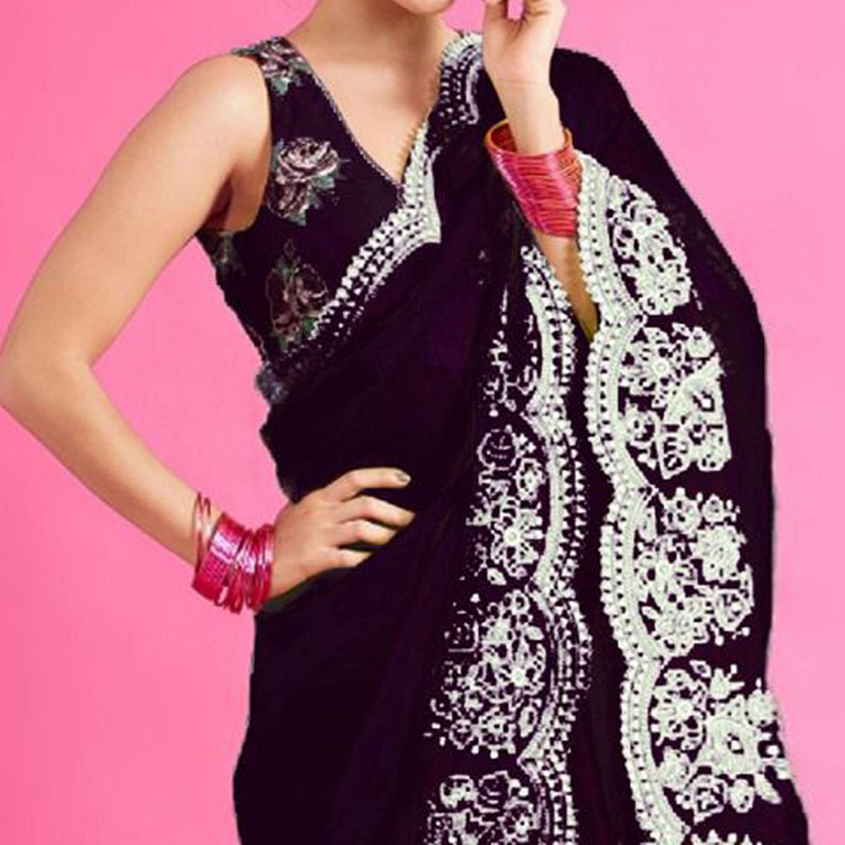 Black Partywear Floral Embroidered Organza Saree - Peachmode
