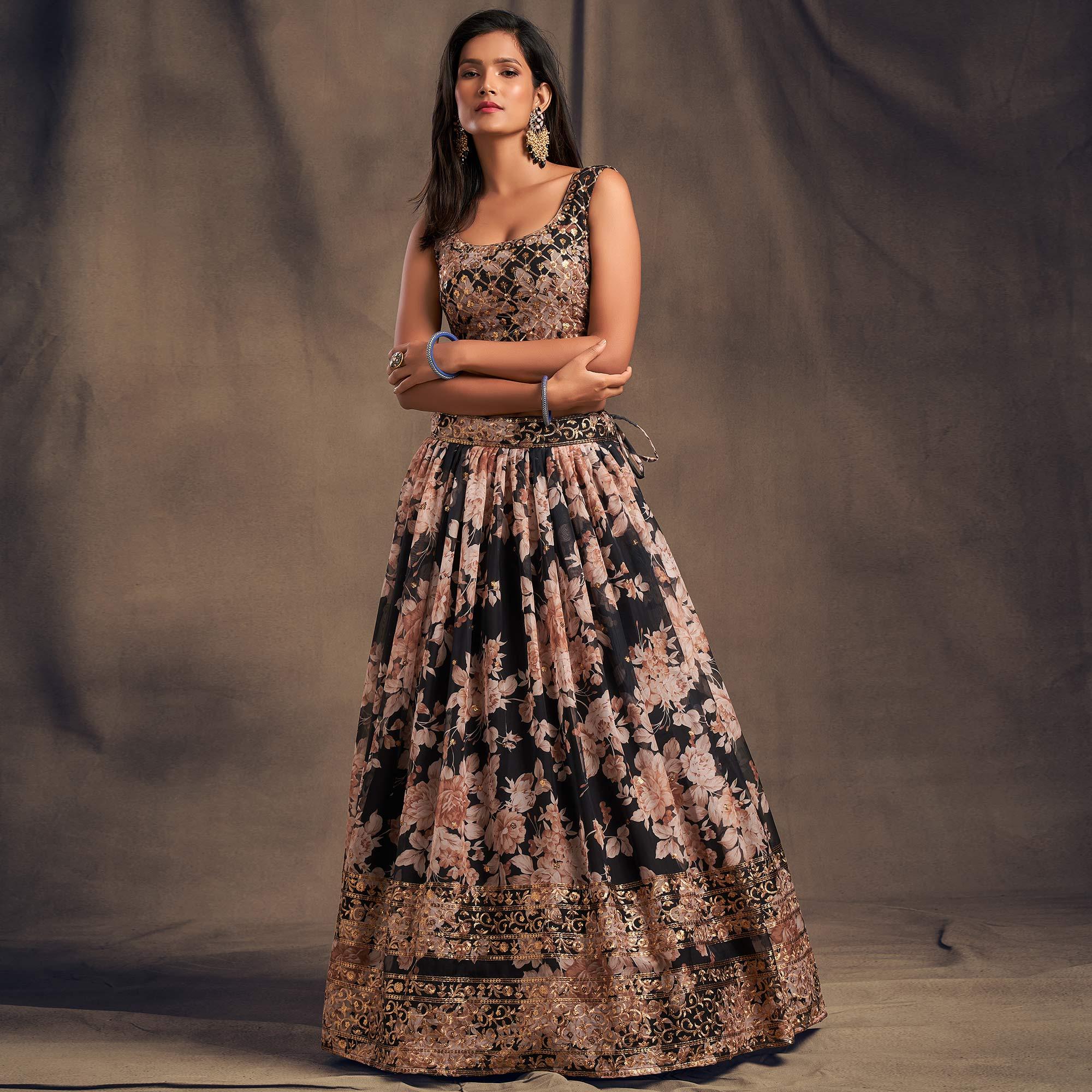 Black Partywear Floral Print With Sequin Zari Embroidered Organza Lehenga Choli - Peachmode
