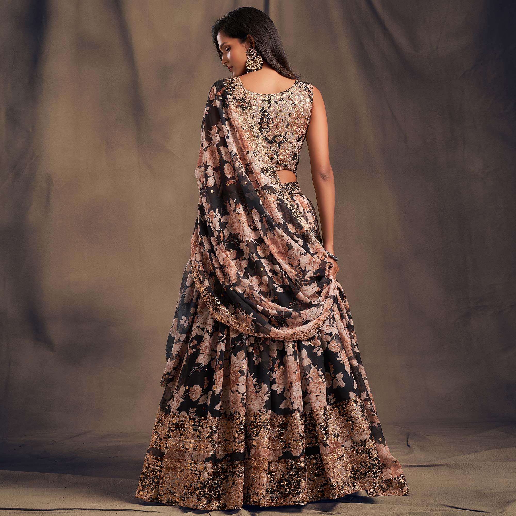 Black Partywear Floral Print With Sequin Zari Embroidered Organza Lehenga Choli - Peachmode