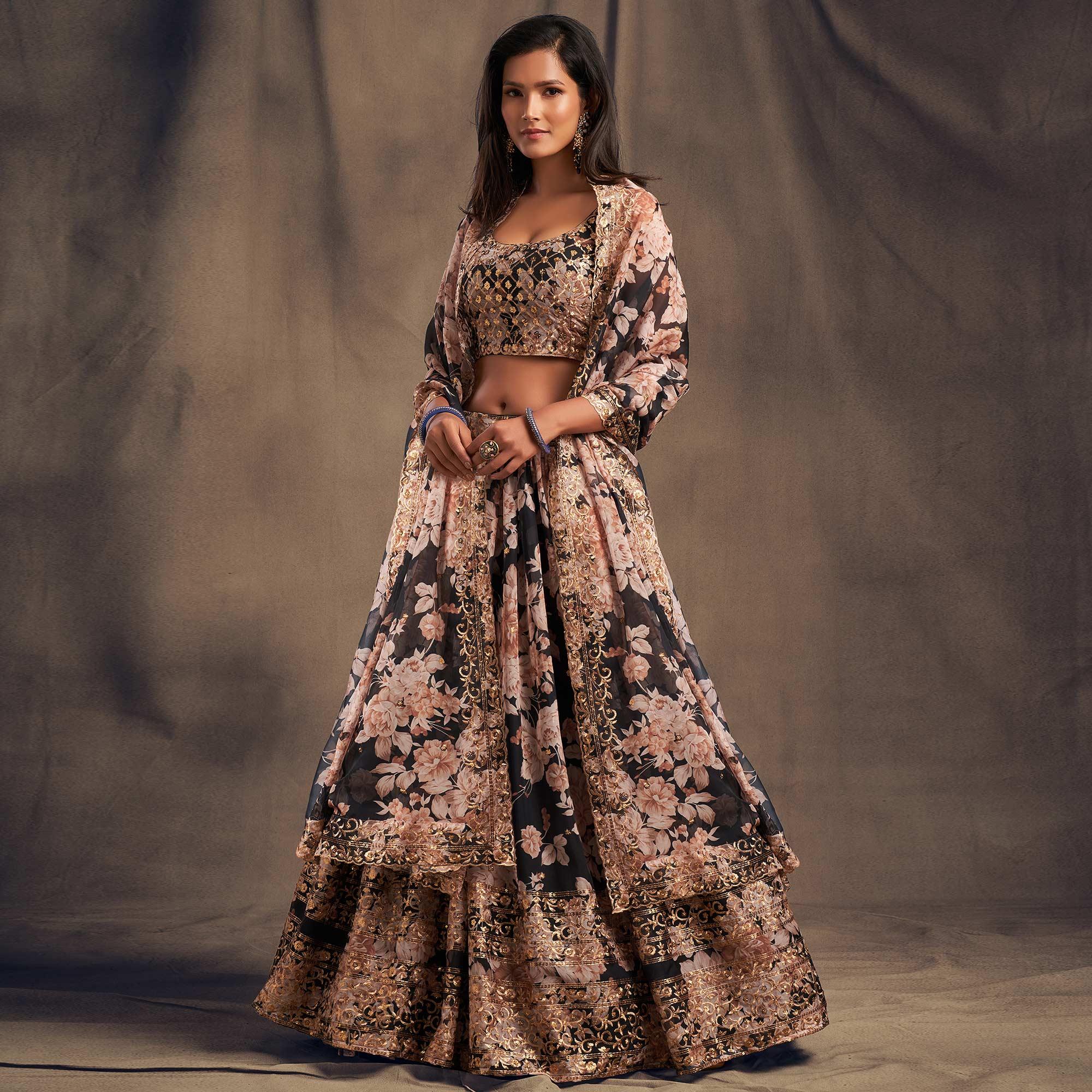 Black Partywear Floral Print With Sequin Zari Embroidered Organza Lehenga Choli - Peachmode